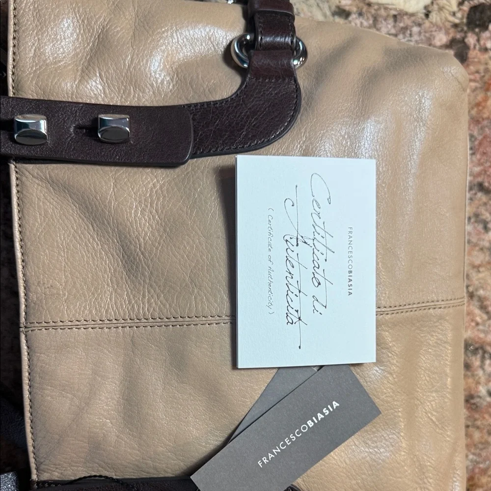 Francesco Biasia Beige Leather Shoulder Bag with Dark Brown Straps - Picture 7 of 16